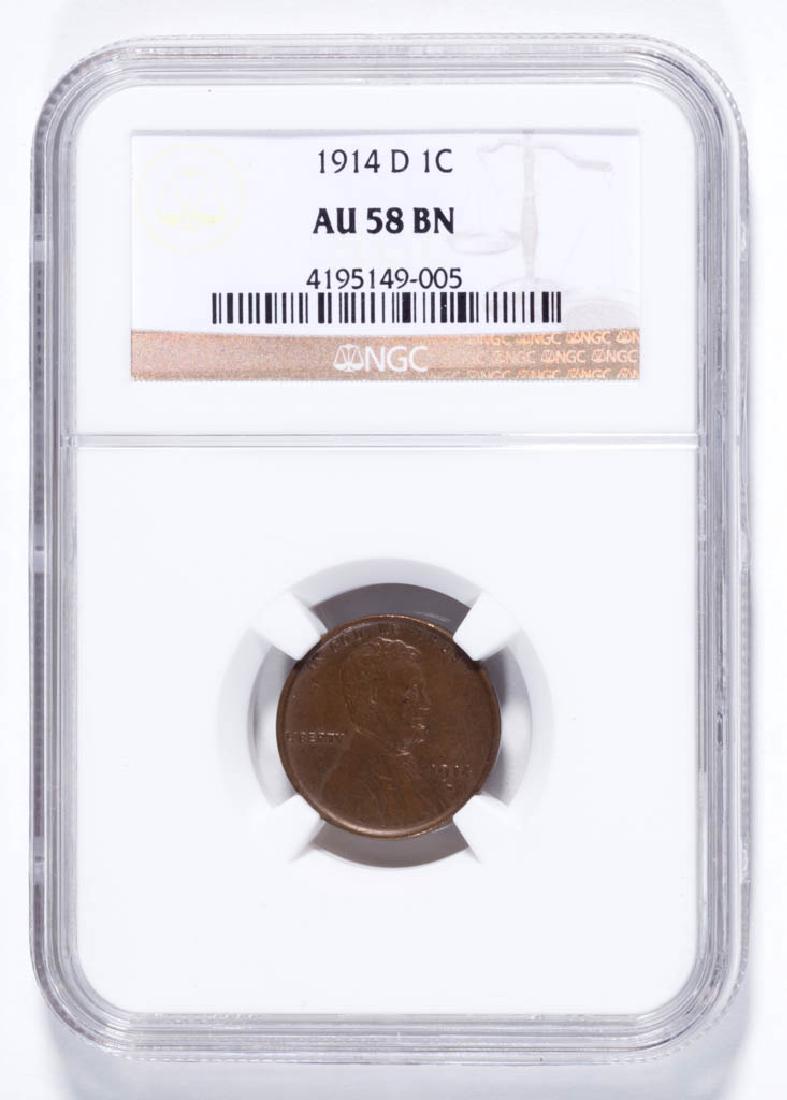 UNITED STATES LINCOLN 1914-D BN AU58 1C COIN: UNITED STATES LINCOLN 1914-D BN AU58 1C COIN overall rich brown tones, retaining some luster. Professionally graded and slabbed by NGC. Provenance: Property from the estate of Hugh David Snyder II, St