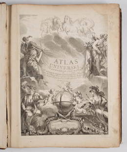 DIDIER ROBERT DE VAUGONDY (FRENCH, 1688-1766) ATLAS: DIDIER ROBERT DE VAUGONDY (FRENCH, 1688-1766) ATLAS VOLUME "Atlas Universel", 1757, folio, leather boards, engraved title page, 106 hand-colored double-page maps, missing numbers 24 and 40. With prote