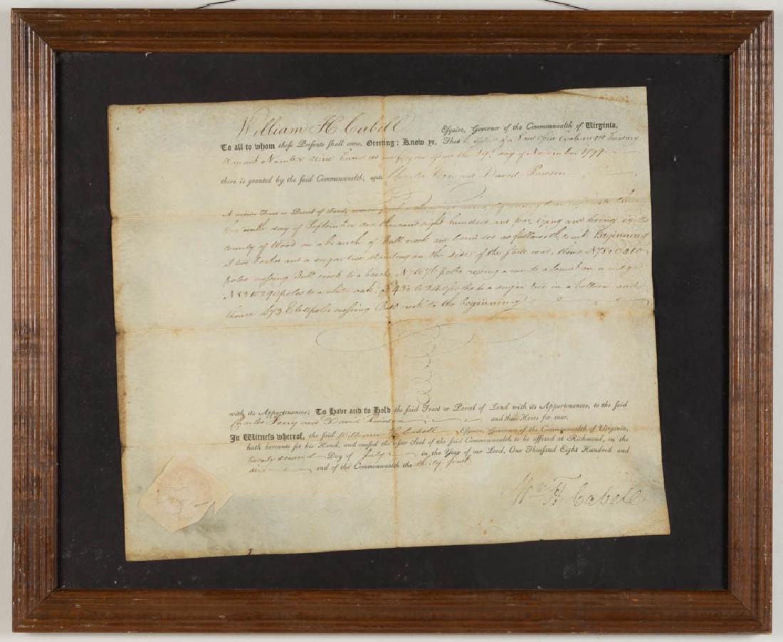 WILLIAM H. CABELL (1772-1853) SIGNED 1806 LAND GRANT: WILLIAM H. CABELL (1772-1853) SIGNED 1806 LAND GRANT DOCUMENT partly-printed vellum with seal intact, transferring land in Wood Co., Virginia (now West Virginia) to Charles Ferry and David Rawson. Wil
