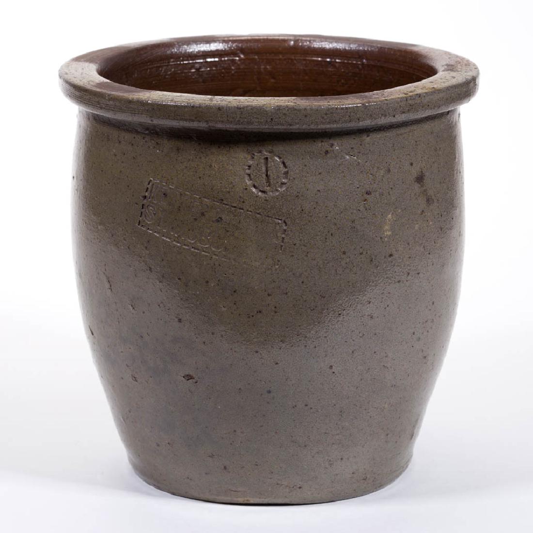 STAMPED "KEISTER & SONNER / STRASBURG, VA" SHENANDOAH: STAMPED "KEISTER & SONNER / STRASBURG, VA" SHENANDOAH VALLEY OF VIRGINIA STONEWARE CROCK, salt-glazed, "1" gallon capacity, wide-mouth form with squared rim. The pottery of Samuel H. Sonner (1821-1901