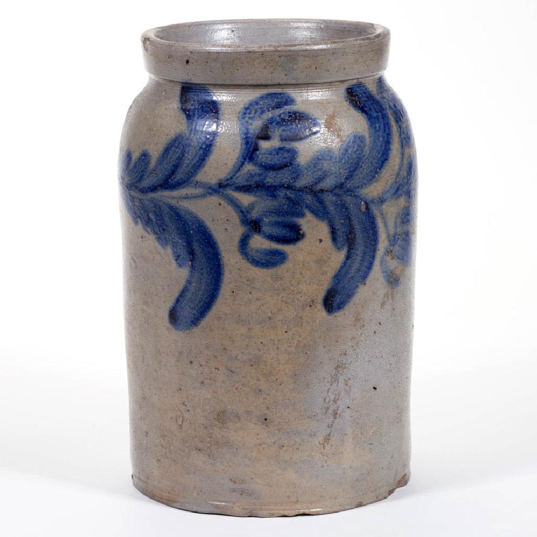 BALTIMORE, MARYLAND DECORATED STONEWARE JAR: BALTIMORE, MARYLAND DECORATED STONEWARE JAR, salt-glazed, "1" gallon capacity mark, cylindrical shouldered form with broad squared rim and beaded foot. Brushed cobalt horizontal flower and feathered l