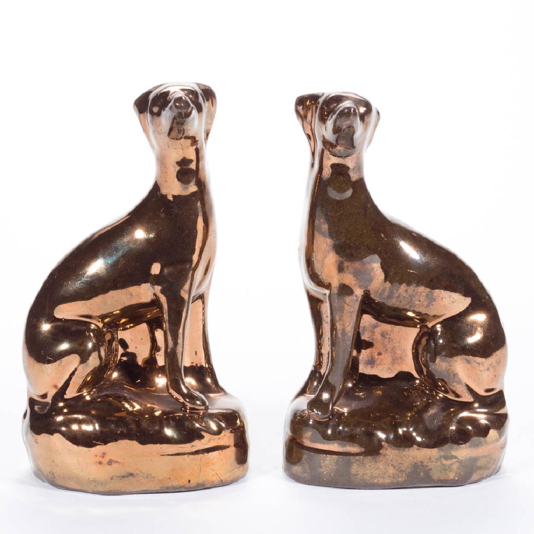 ENGLISH COPPER LUSTRE CERAMIC PAIR OF GREYHOUND FIGURES (1 of 2)