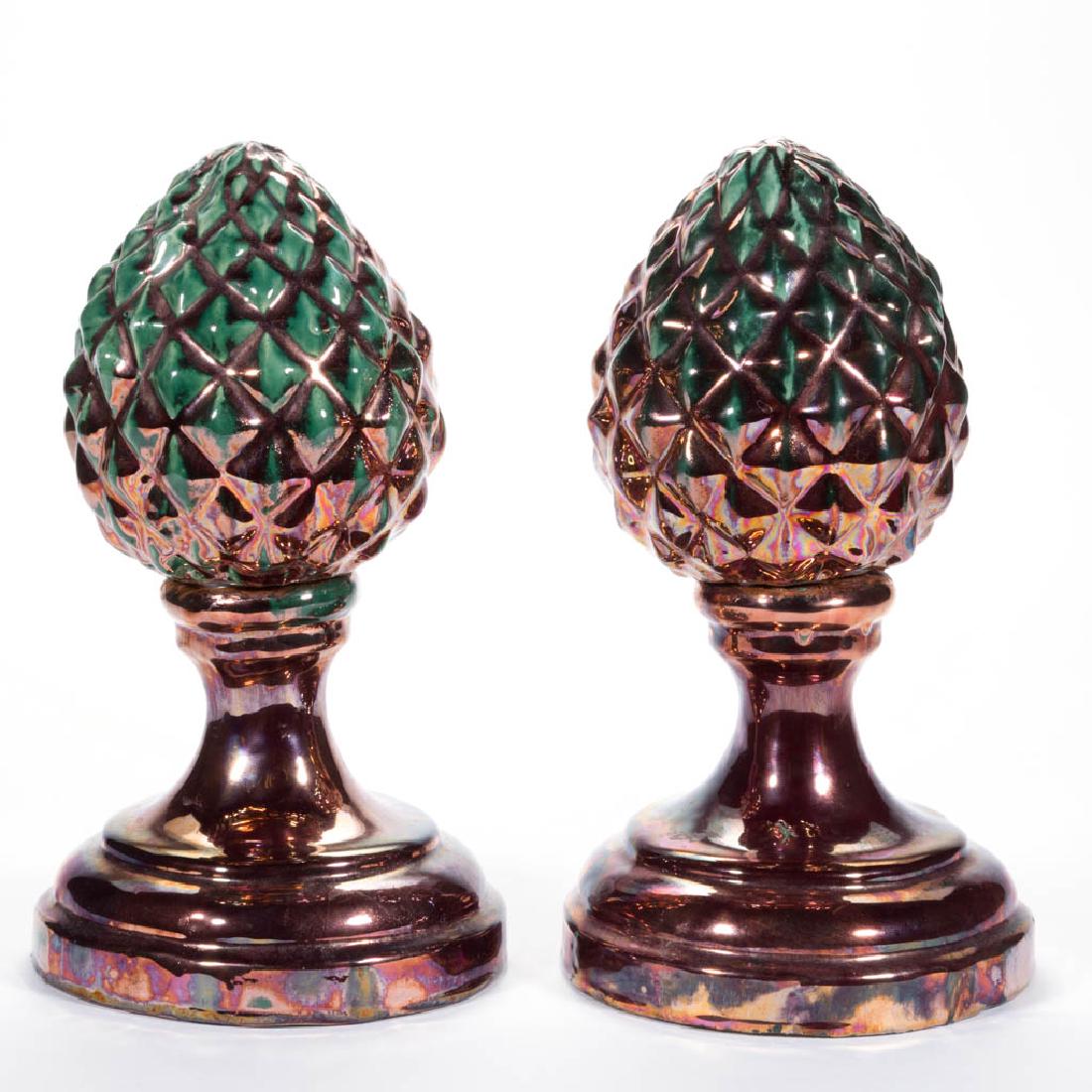 ENGLISH COPPER LUSTRE CERAMIC PAIR OF PINEAPPLE FIGURES (1 of 2)