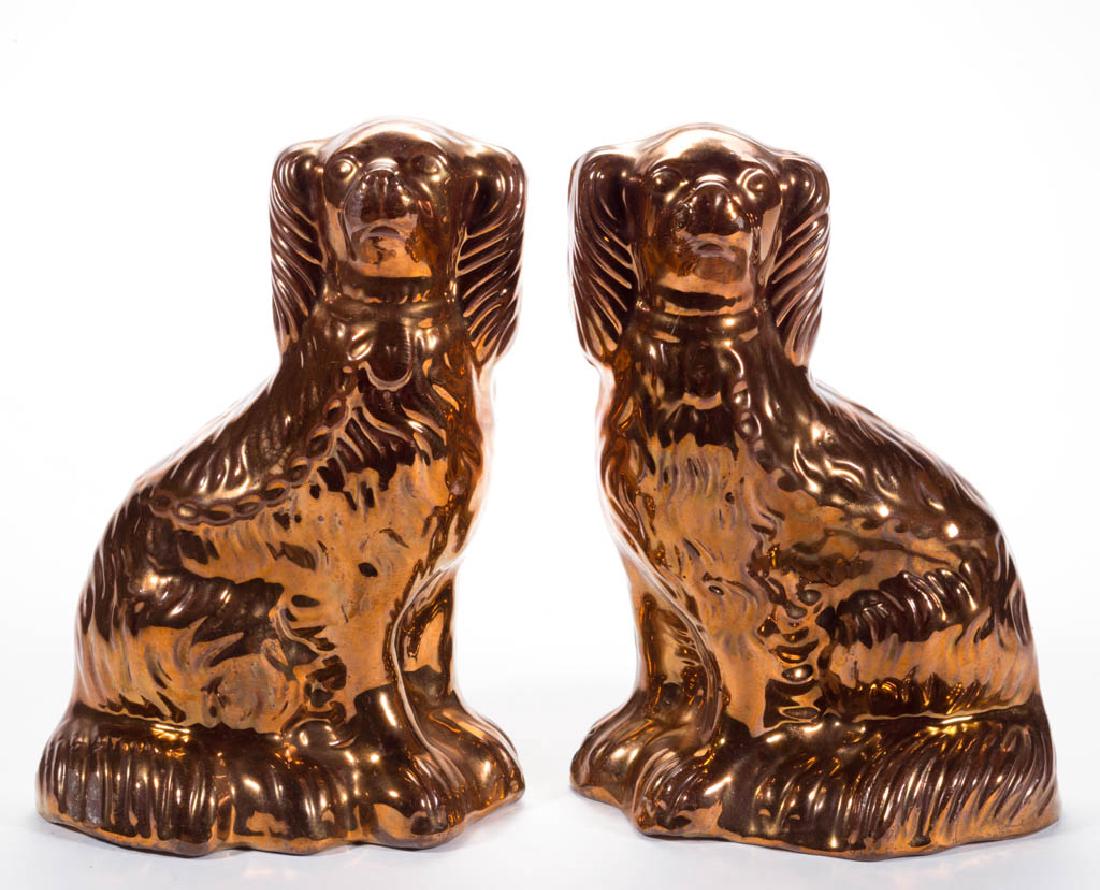 ENGLISH COPPER LUSTRE CERAMIC PAIR OF SPANIEL FIGURES (1 of 2)