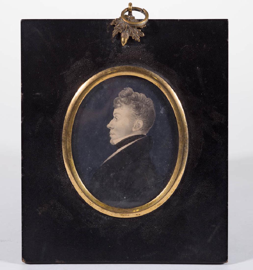 AMERICAN OR BRITISH SCHOOL (19TH CENTURY) MINIATURE: AMERICAN OR BRITISH SCHOOL (19TH CENTURY) MINIATURE PORTRAIT OF A MAN, watercolor and pencil. Housed in a period ebonized frame with original brass hanger. 19th century. 2 3/4" x 2 1/4" sight, 5 1/8" 
