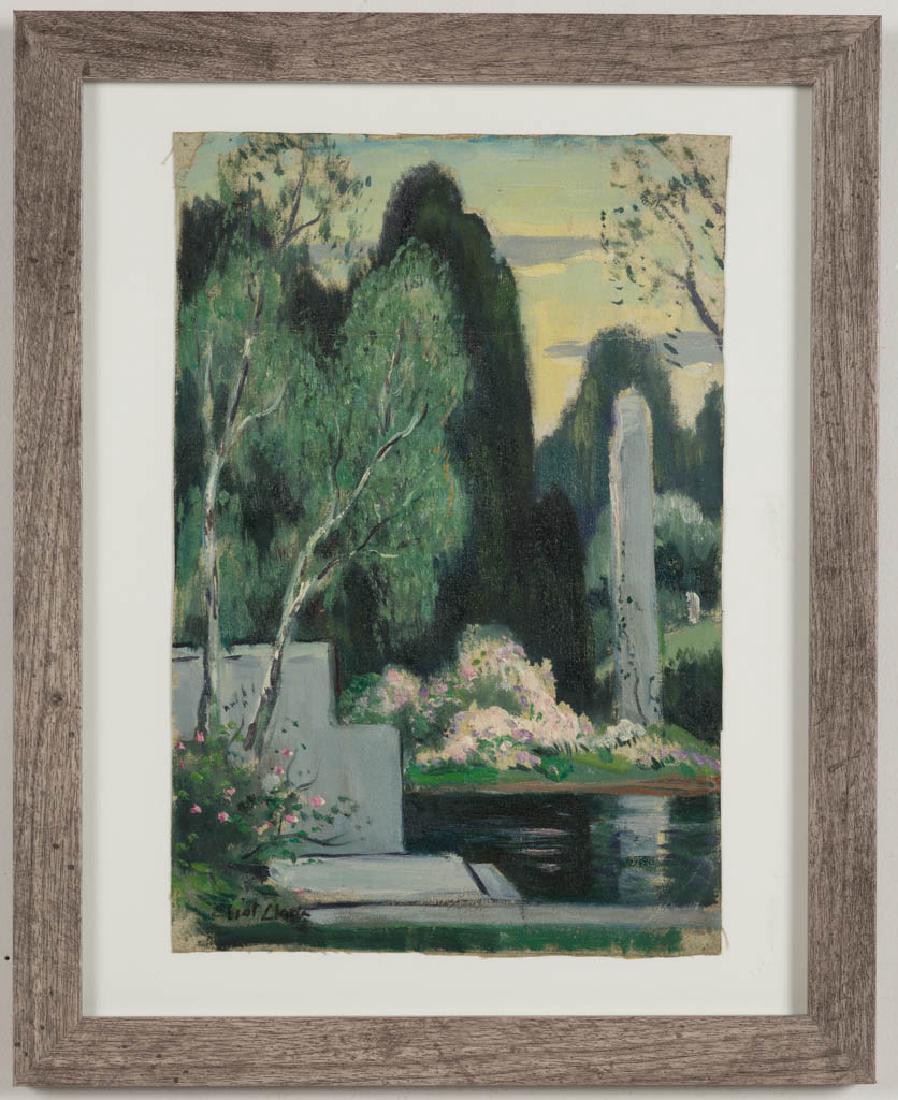 ELIOT CANDEE CLARK (AMERICAN, 1883-1980) LANDSCAPE: ELIOT CANDEE CLARK (AMERICAN, 1883-1980) LANDSCAPE PAINTING, oil on canvas, a verdant garden scene, signed lower left. Housed under glass in a modern frame. Mid 20th century. 12" x 8" sight, 15 1/2" x