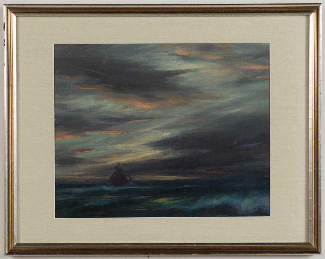 ELIOT CANDEE CLARK (AMERICAN, 1883-1980) SEASCAPE: ELIOT CANDEE CLARK (AMERICAN, 1883-1980) SEASCAPE PAINTING, oil on canvas, tonalist depiction of a lone vessel on open water at twilight, signed lower right. Housed under glass in a modern frame. Mid 