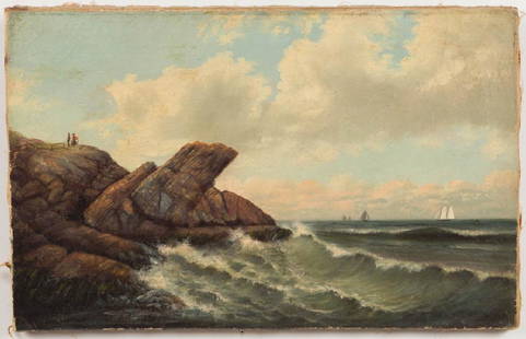 AMERICAN SCHOOL (19TH CENTURY) COASTAL LANDSCAPE: AMERICAN SCHOOL (19TH CENTURY) COASTAL LANDSCAPE PAINTING, oil on canvas, figures on a rocky shoreline overlooking vessels on the open water, no signature located. Unframed. Second half 19th century.