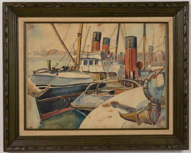 ROBERT HALLOWELL (AMERICAN, 1886-1939) MARINE PAINTING: ROBERT HALLOWELL (AMERICAN, 1886-1939) MARINE PAINTING, watercolor on paper, stylized depiction of moored boats at a harbor dock, signed at lower edge. Housed under glass in an old painted frame. Circ