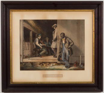 AMERICAN GENRE PRINT: AMERICAN GENRE PRINT, hand-colored lithograph with gouache highlights, titled "THE POWER OF MUSIC", after William Sidney Mount (American, 1807-1868). Housed under glass in a period molded walnut frame