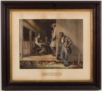 AMERICAN GENRE PRINT: AMERICAN GENRE PRINT, hand-colored lithograph with gouache highlights, titled "THE POWER OF MUSIC", after William Sidney Mount (American, 1807-1868). Housed under glass in a period molded walnut frame