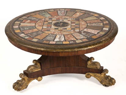 AMERICAN OR EUROPEAN CLASSICAL PIETRA DURA CENTER TABLE: AMERICAN OR EUROPEAN CLASSICAL PIETRA DURA CENTER TABLE, top exhibiting an outstanding pattern of inlaid marble specimens in a geometric design centering a bird perched on a branch, gilt edge, raised