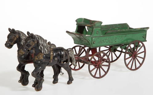 KENTON HARDWARE CAST-IRON HORSE-DRAWN WAGON TOY: KENTON HARDWARE CAST-IRON HORSE-DRAWN WAGON TOY,marked "5" and "KENTON TOYS", original paint. Kenton Hardware Co., Kenton, OH. First quarter 20th century. 15" LOA.Lacking rider and some other minor co