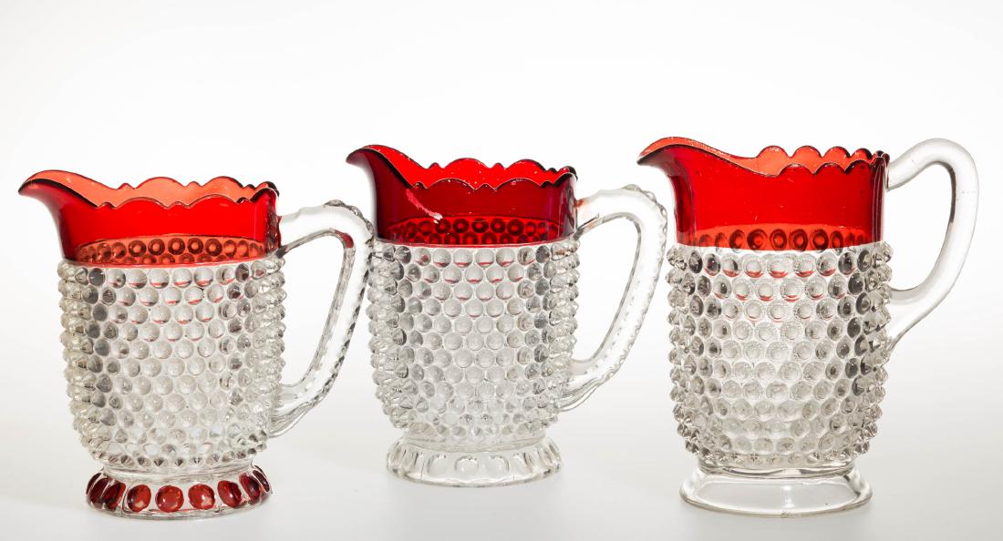ASSORTED HOBNAIL - RUBY-STAINED PITCHERS, LOT OF THREE (1 of 1)