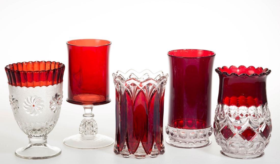 ASSORTED EAPG - RUBY-STAINED CELERY VASES, LOT OF FIVE (1 of 1)
