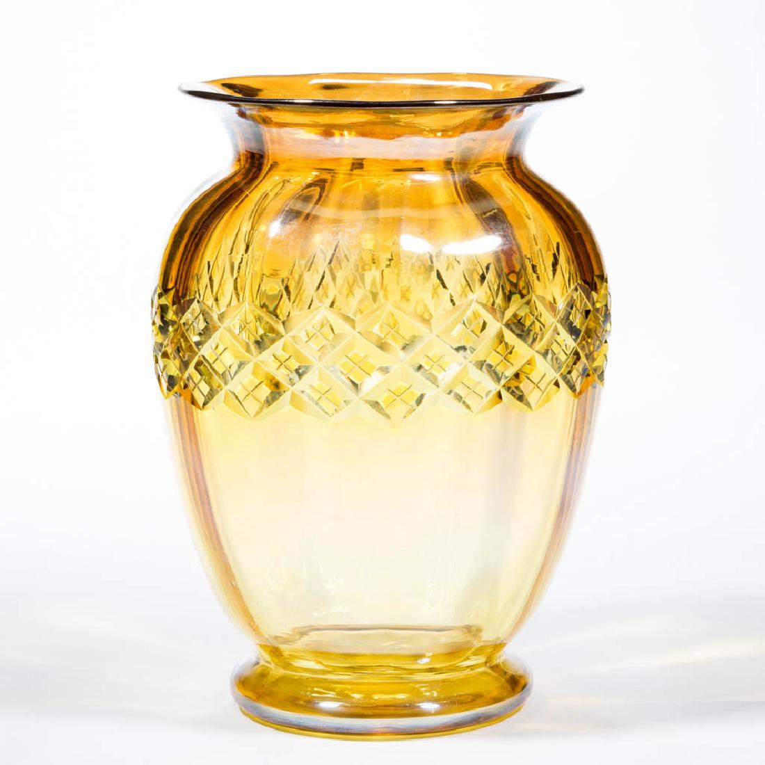 DURAND ATTRIBUTED YELLOW LUSTRE - CUT GLASS VASE: DURAND ATTRIBUTED YELLOW LUSTRE - CUT GLASS VASE, urn form with a medial band of cross-hatched (G14) decoration, polished pontil mark, unsigned. Vineland Flint Glass Works. Circa 1930. 6 3/4" H. Undam