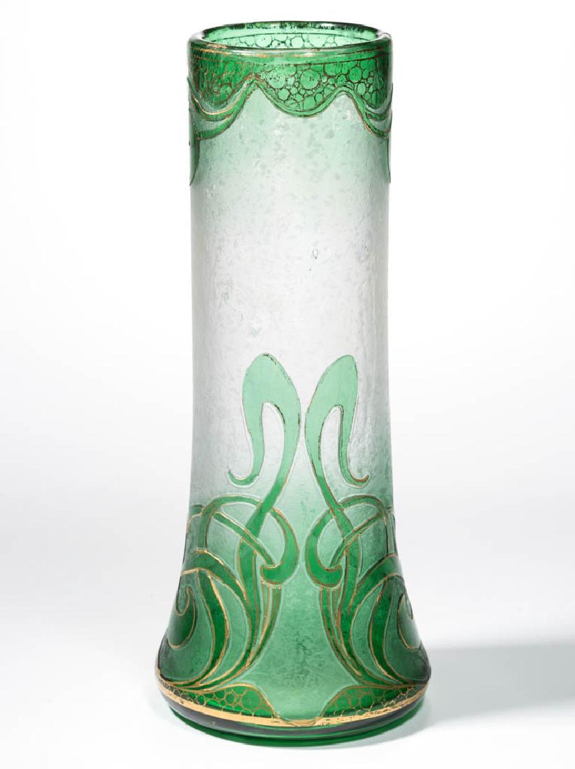 DORFLINGER HONESDALE CAMEO ART GLASS VASE: DORFLINGER HONESDALE CAMEO ART GLASS VASE, green to frosted colorless with gilt decoration, cylindrical form with scrolling decoration with etched flowers throughout the body, polished pontil mark, si