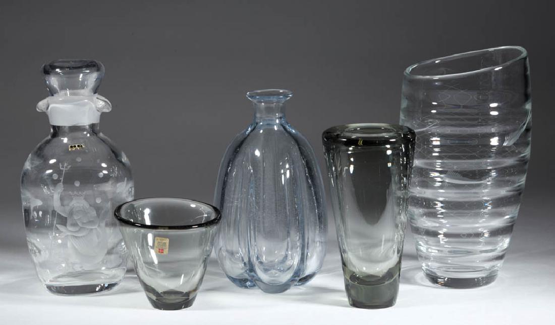 ASSORTED SWEDISH STUDIO ART GLASS ARTICLES, LOT OF FOUR: ASSORTED SWEDISH STUDIO ART GLASS ARTICLES, LOT OF FOUR (UPDATED 1/23/18), colorless with two having a grey tint, including two Holmegaard vases, and an unsigned Ring-Optic fishing themed vase. Variou