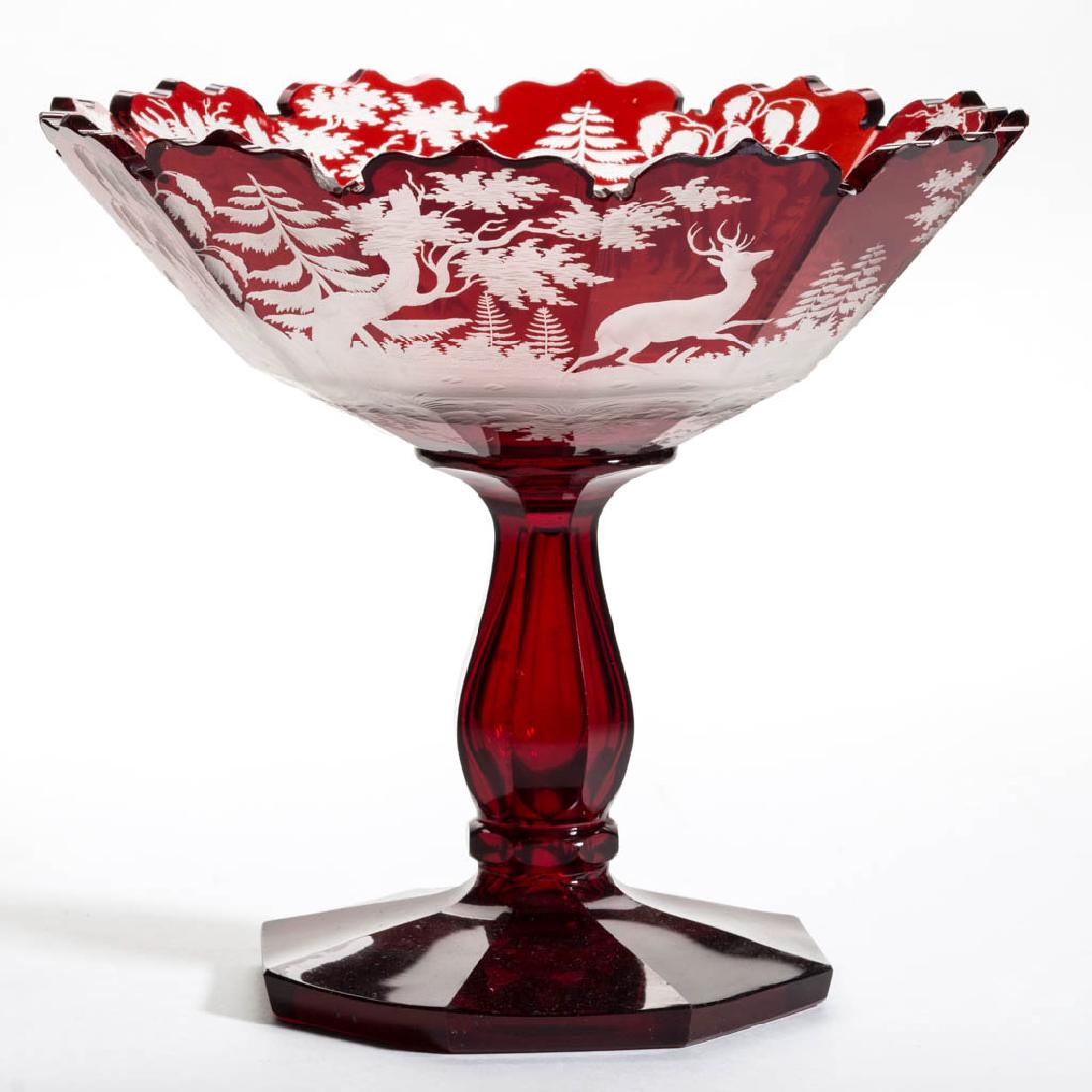 BOHEMIAN CUT, ENGRAVED, AND RUBY-STAINED OPEN COMPOTE (1 of 2)