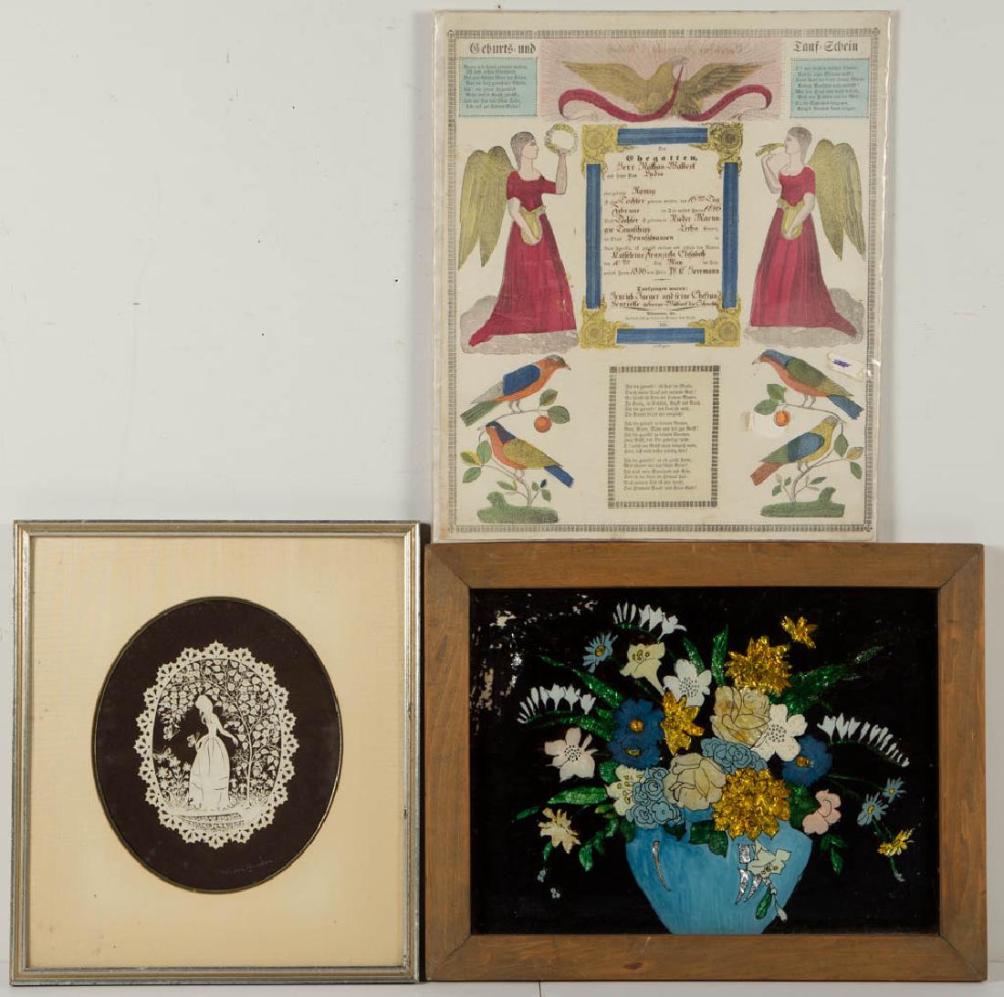 PENNSYLVANIA GERMAN PRINTED AND HAND-COLORED FRAKTUR: PENNSYLVANIA GERMAN PRINTED AND HAND-COLORED FRAKTUR, inscribed for Cassereine Franzista Elisabeth, of Macungie Township, PA, born 1846. Unframed, in protective sleeve. Together with a cut-out silhoue