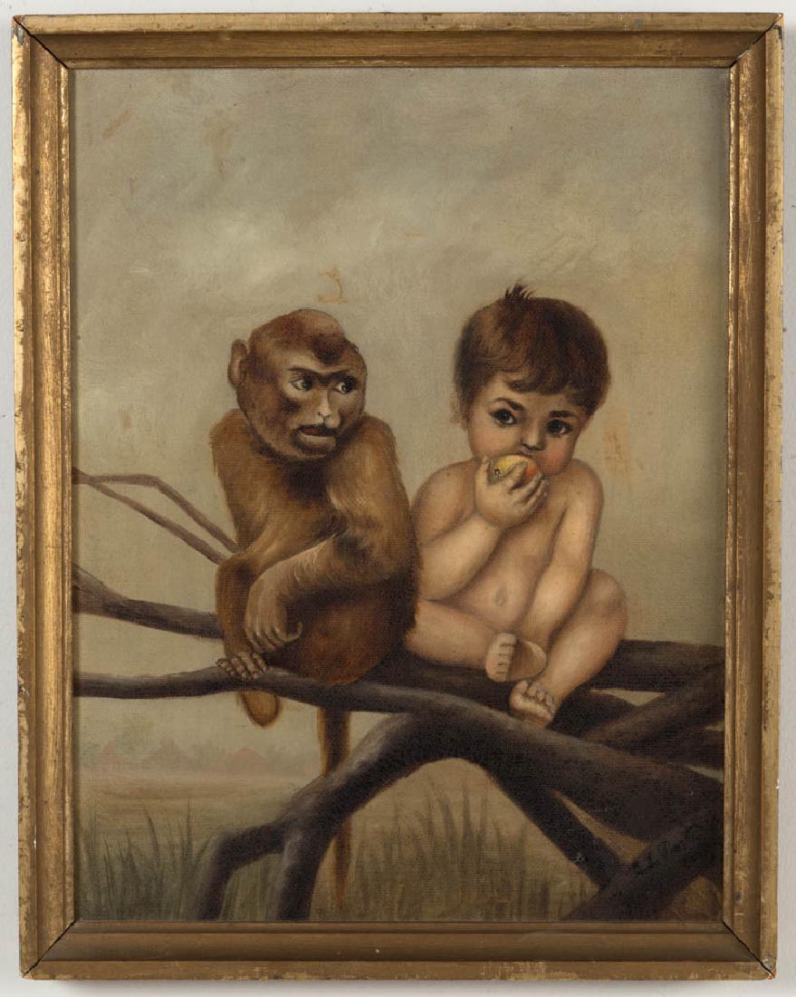 AMERICAN OR BRITISH SCHOOL (19TH CENTURY) FOLK ART: AMERICAN OR BRITISH SCHOOL (19TH CENTURY) FOLK ART PAINTING, oil on canvas, depicting a nude toddler eating fruit while seated next to a monkey on a tree branch, huts/dwellings across a field in the d