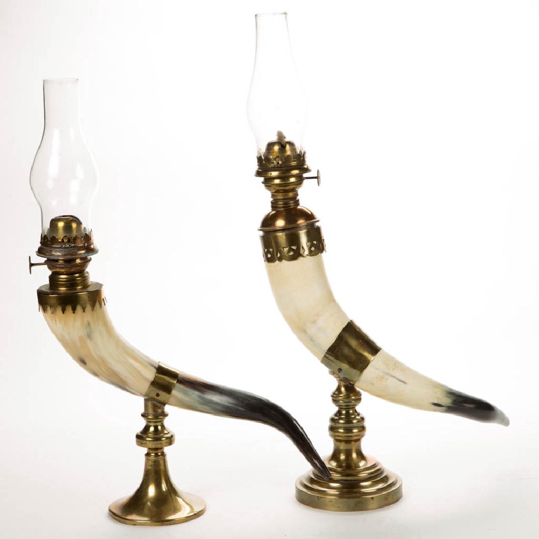 BRASS AND POWDER HORN KEROSENE LAMPS, LOT OF TWO (1 of 1)
