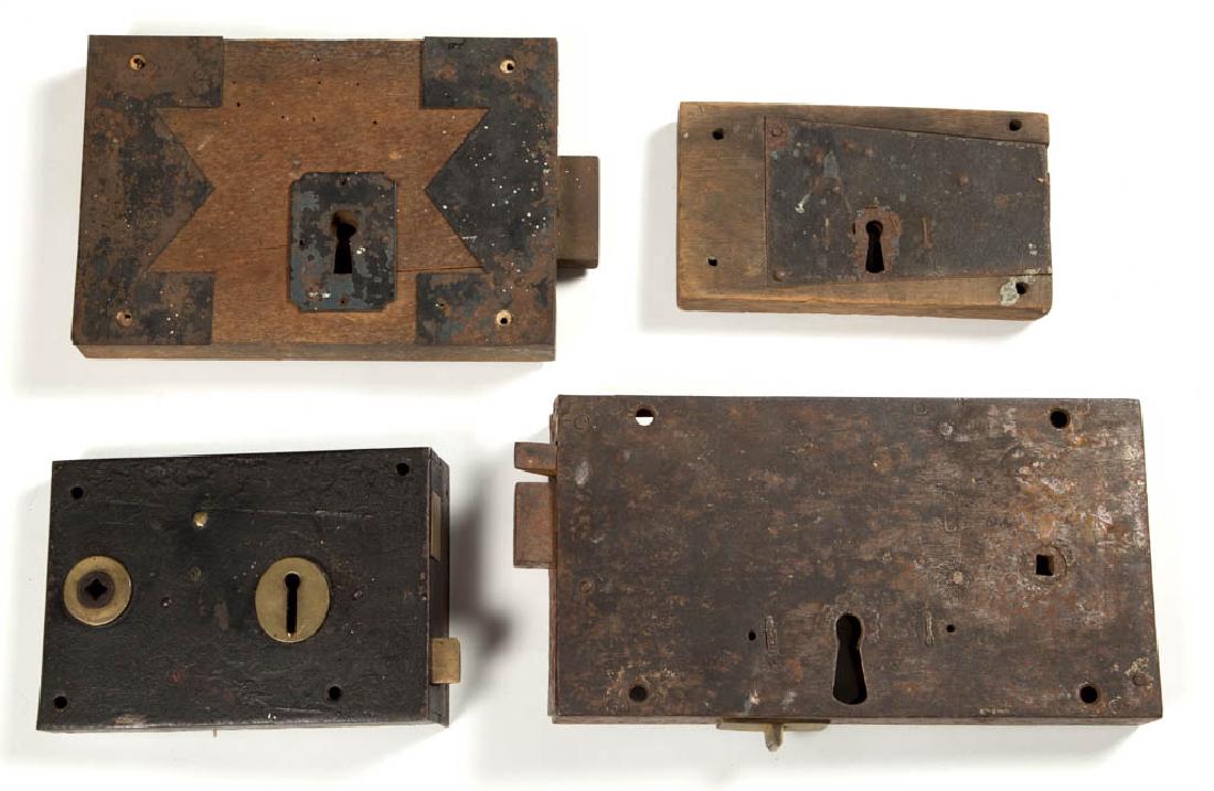 ASSORTED WOOD AND METAL LARGE BOX LOCKS, LOT OF FOUR (1 of 2)