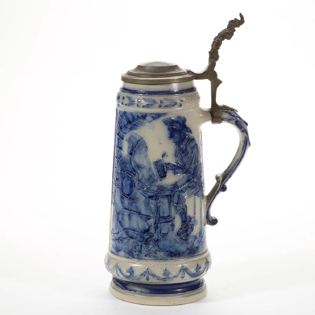 GERMAN COBALT DECORATED STONEWARE BEER STEIN (1 of 2)