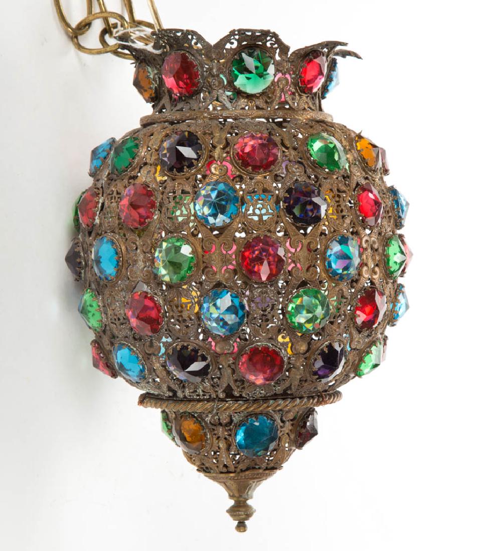 BRASS JEWELED HANGING HALL LAMP (1 of 1)