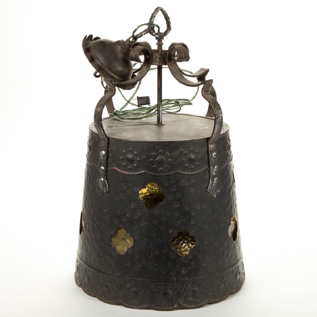 DECORATED SHEET-IRON ELECTRIC LIGHT FIXTURE: DECORATED SHEET-IRON ELECTRIC LIGHT FIXTURE, slightly tapered cylinder form with overall dot pattern and scalloped base, cut-out quatrefoils with amber panes, supported by four shaped arms, hanger and