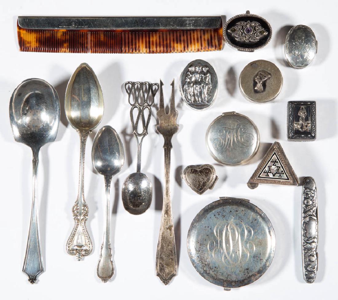 ASSORTED SILVER ARTICLES, LOT OF 17: ASSORTED SILVER ARTICLES, LOT OF 17, comprising nine pill boxes, two with Egyptian hallmarks for .800 fineness, remainder marked for sterling/.925 fineness, a sterling compact and comb, a sterling-cas