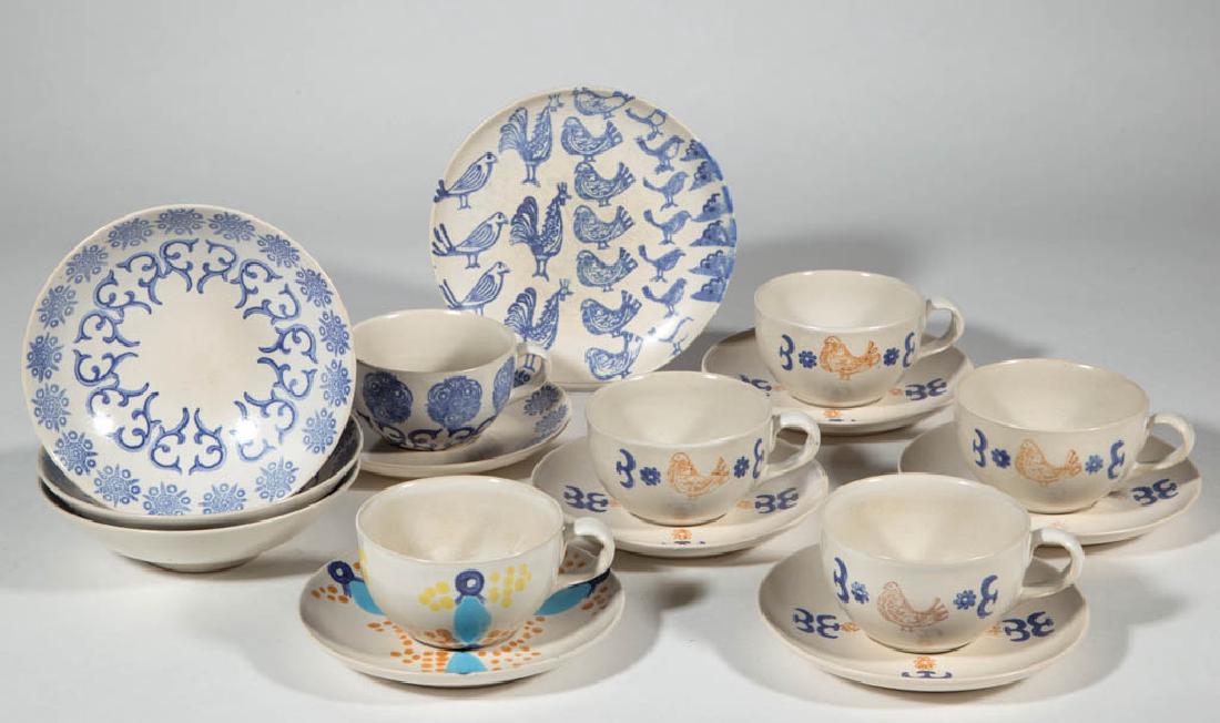 AMERICAN MID-CENTURY MODERN EVA ZEISEL CERAMIC: AMERICAN MID-CENTURY MODERN EVA ZEISEL CERAMIC ARTICLES, LOT OF TEN, comprising four cup and saucer sets having bird designs on sides, one cup and saucer set with floral designs on sides of cup and in