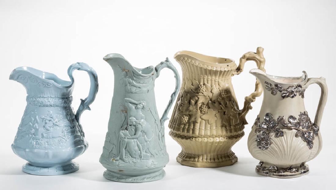 ENGLISH PARIAN SMEAR GLAZE WHITE CERAMIC PITCHERS, LOT (1 of 2)