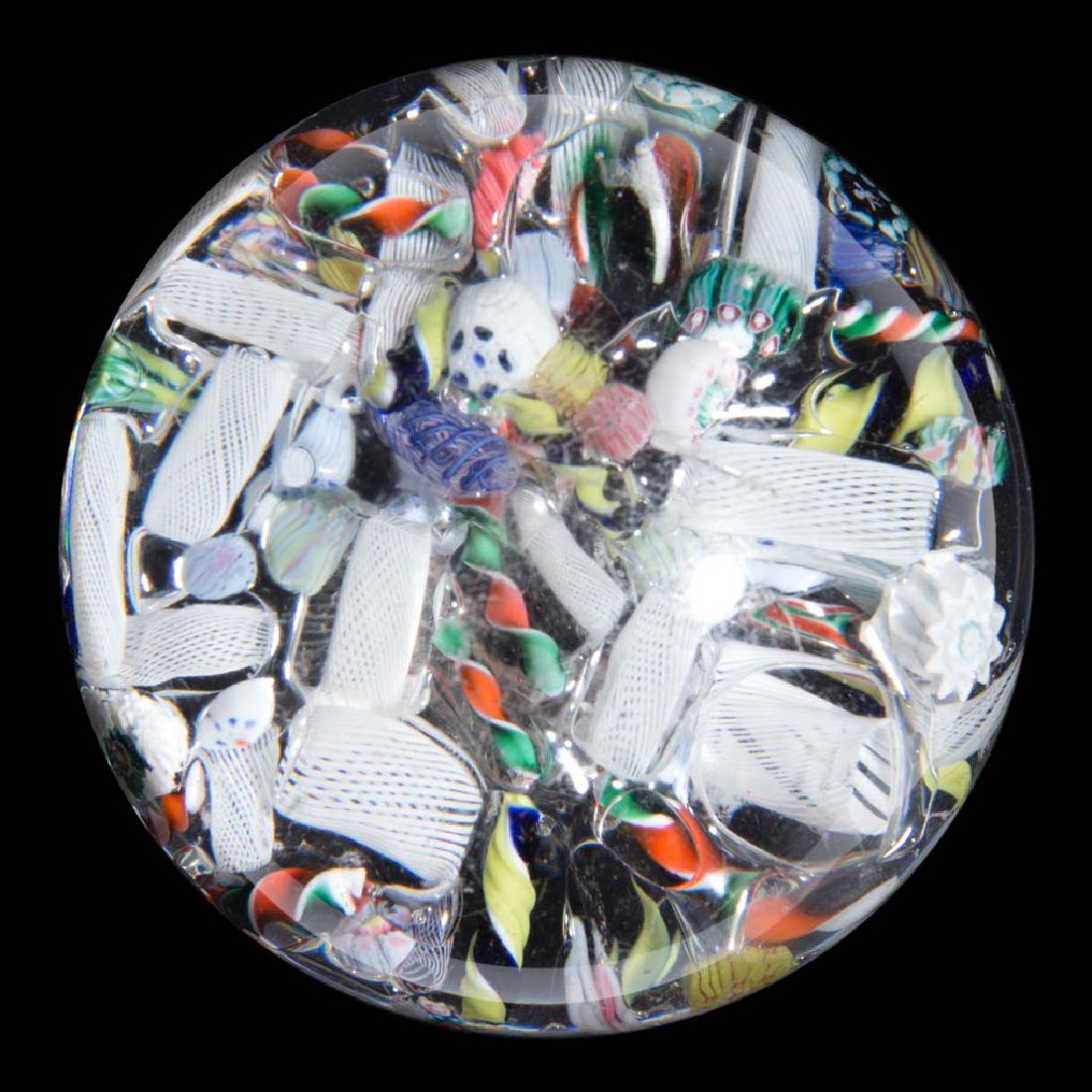 ANTIQUE NEW ENGLAND SCRAMBLED MILLEFIORI PAPERWEIGHT: ANTIQUE NEW ENGLAND SCRAMBLED MILLEFIORI PAPERWEIGHT, including a rare honey bee cane (UPDATED 3/22/18), filigree cylinders, and opaque twists, factory-polished base. New England Glass Co. Second half