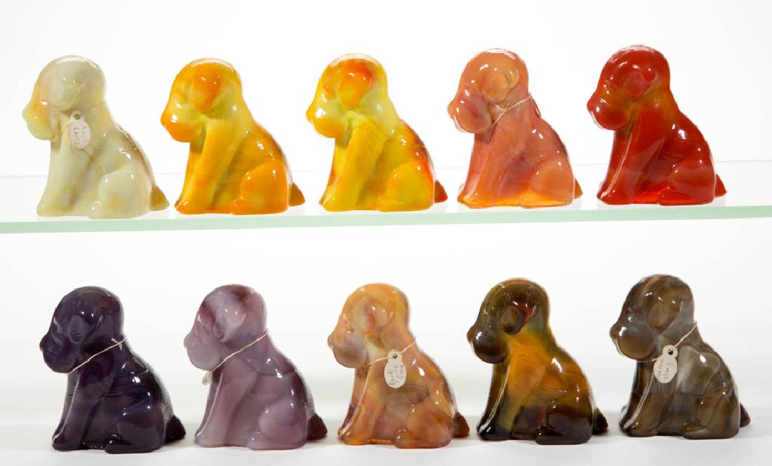 DEGENHART GLASS DOG / POOCH FIGURES, LOT OF TEN: DEGENHART GLASS DOG / POOCH FIGURES, LOT OF TEN, various colors, including slag, including a Buttercup, a Bittersweet Slag, a Bloody Mary / Tomato, an Orchid Slag, and various shades of yellow, red, i