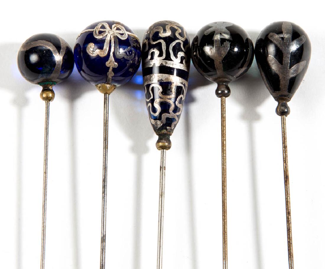 ANTIQUE / VINTAGE SILVER-OVERLAY GLASS HATPINS, LOT OF (1 of 2)