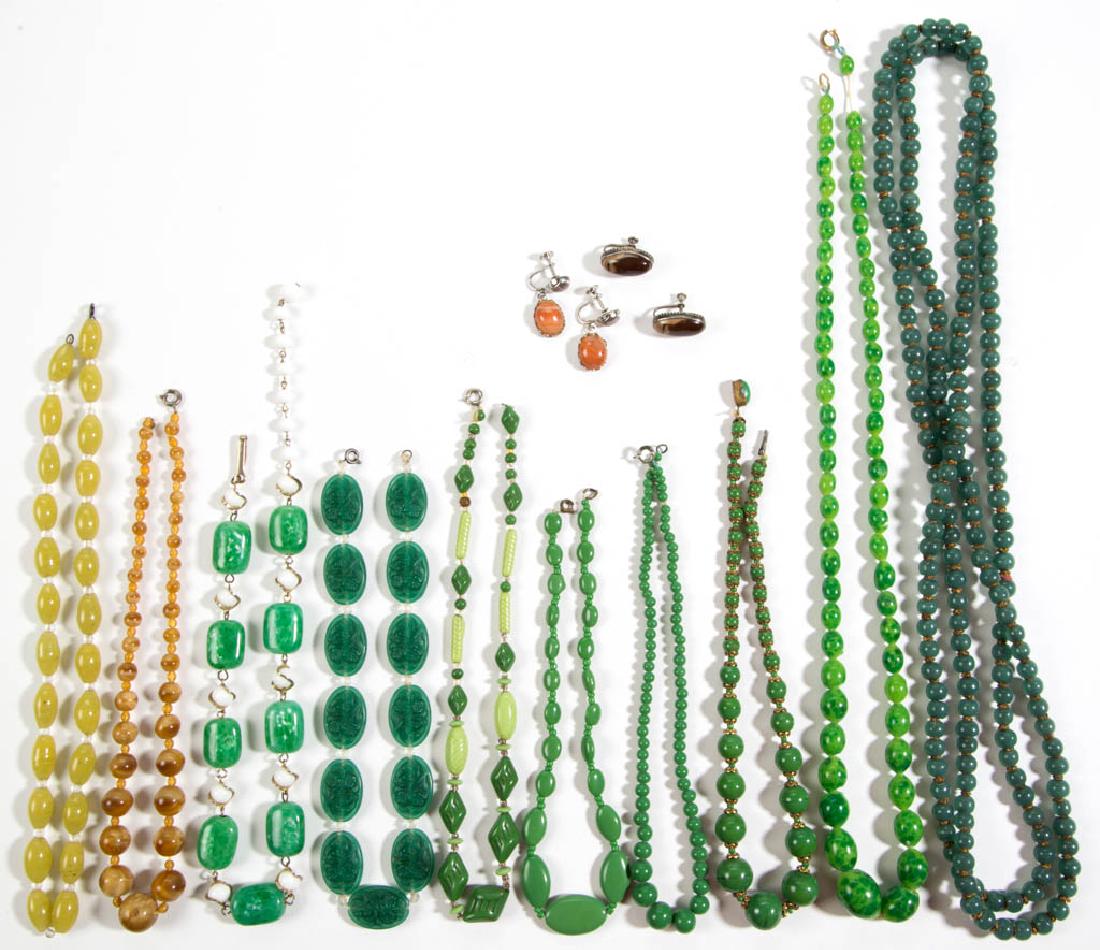 ASSORTED ANTIQUE / VINTAGE FACETED / MOLDED GLASS BEAD: ASSORTED ANTIQUE / VINTAGE FACETED / MOLDED GLASS BEAD COSTUME JEWELRY, LOT OF 14, comprising ten necklaces and two pairs of earrings, some necklaces with various clasps. Unmarked. 20th century. 13" t