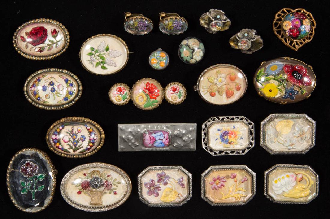 ASSORTED ANTIQUE / VINTAGE COSTUME JEWELRY, LOT OF 22: ASSORTED ANTIQUE / VINTAGE COSTUME JEWELRY, LOT OF 22, including 15 brooches/pins and two pairs of earrings, all having intaglio floral designs. One marked "MADE IN CZECHOSLOVAKIA" otherwise unmarked.