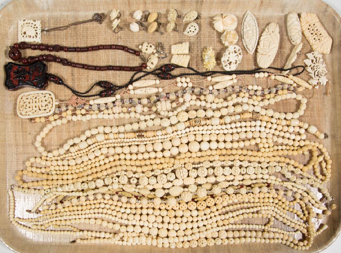 ASSORTED ANTIQUE / VINTAGE CARVED BONE COSTUME JEWELRY: ASSORTED ANTIQUE / VINTAGE CARVED BONE COSTUME JEWELRY, uncounted lot, including 26 necklaces and ten brooches/pins with various patterns and designs including elephants and flowers, most made of bone