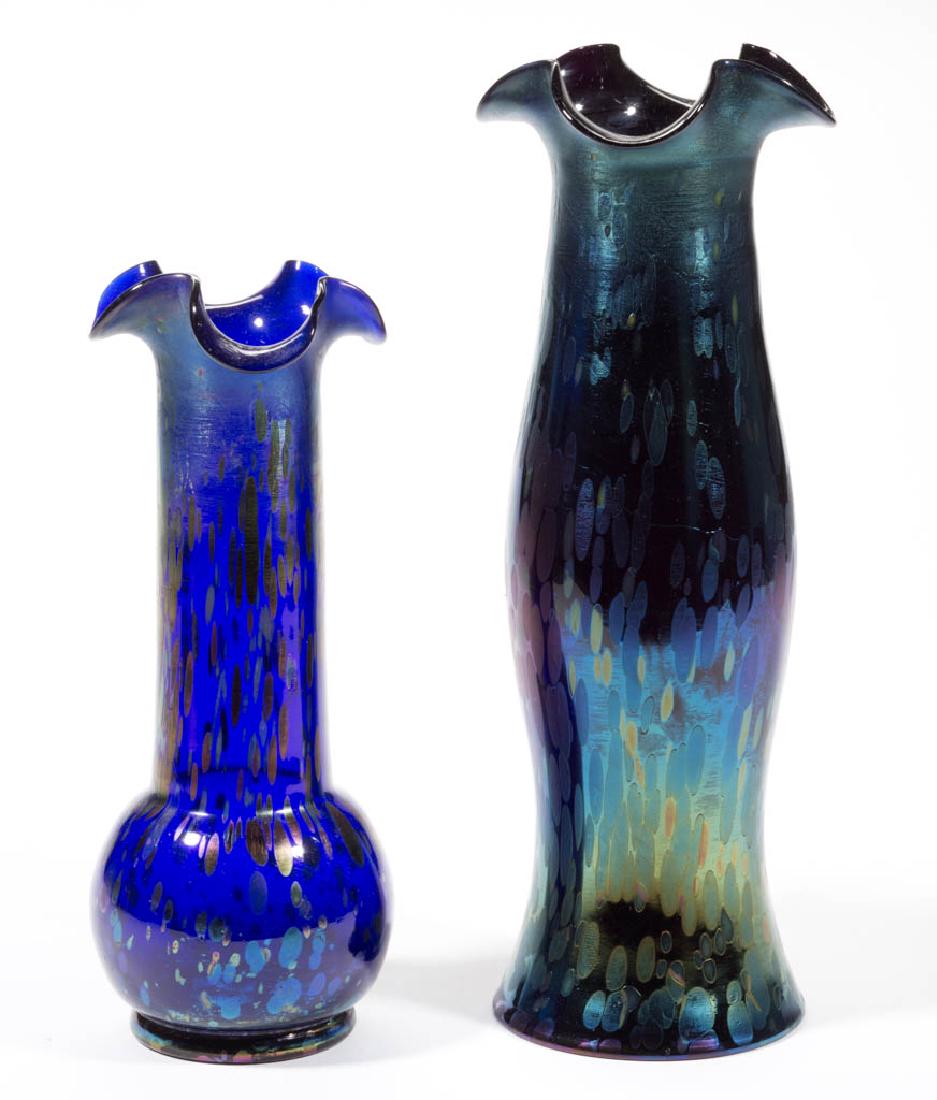 KRALIK BLUE OIL SPOT ART GLASS VASES, LOT OF TWO (1 of 2)