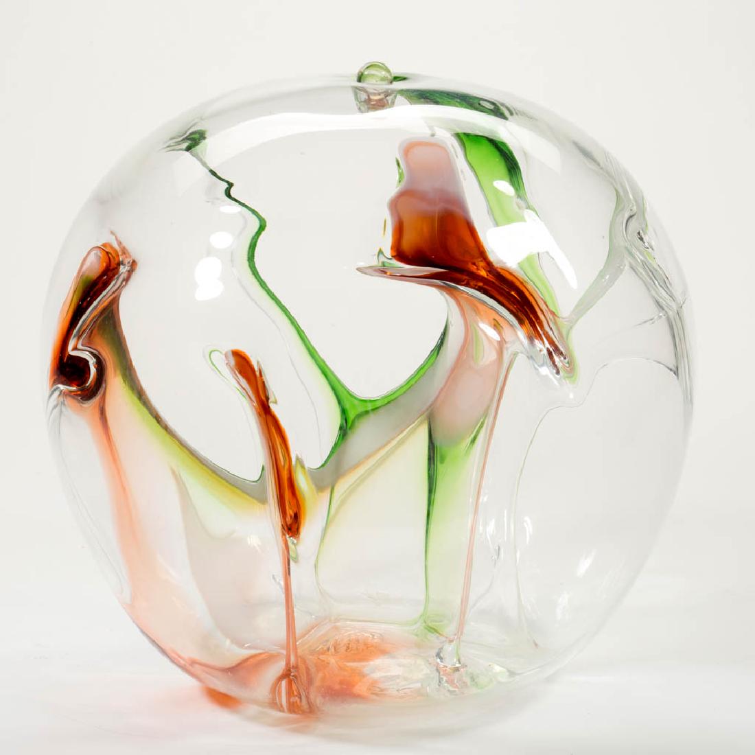PETER BRAMHALL INTERIOR DECORATED STUDIO ART GLASS: PETER BRAMHALL INTERIOR DECORATED STUDIO ART GLASS BLOWN ORB, colorless, green, opal, and orange interior decoration reaching for the surface, small colorless glass stopper ball, signed "PETER BRAMHAL