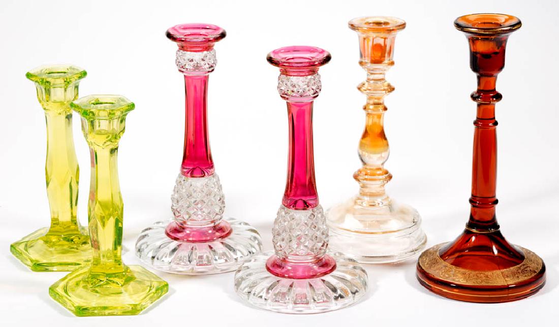 ASSORTED COLORED GLASS CANDLESTICKS, LOT OF SIX (1 of 1)