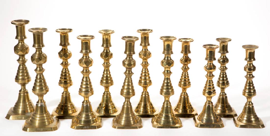 ASSORTED ENGLISH BRASS CANDLESTICKS, LOT OF 12 (1 of 1)