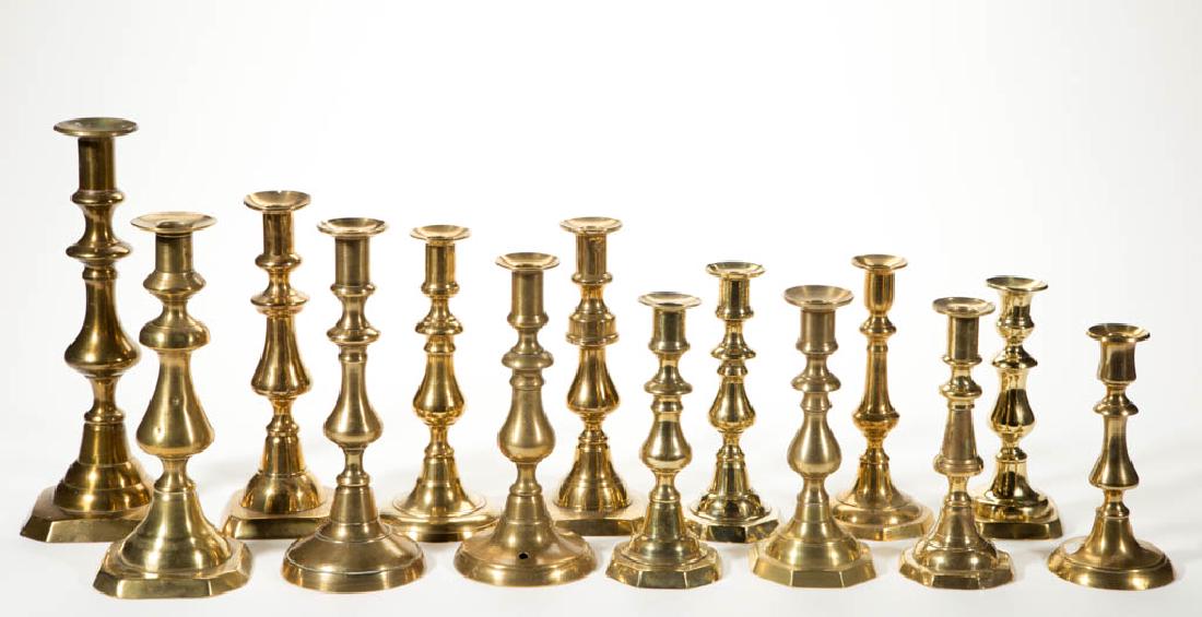 ASSORTED ENGLISH BRASS CANDLESTICKS, LOT OF 14 (1 of 1)