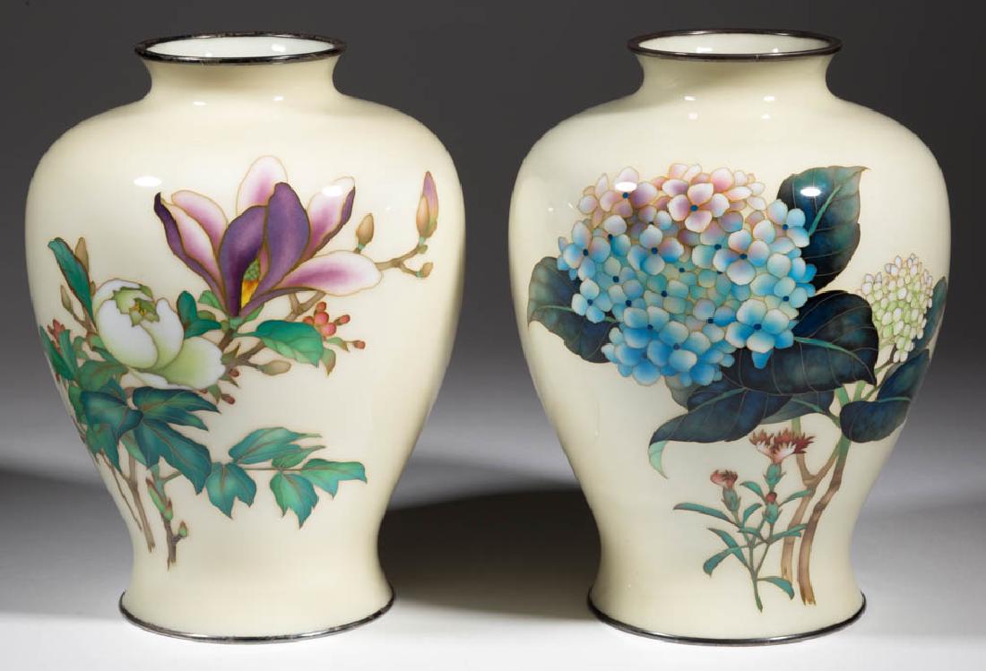 ANDO JUBEI JAPANESE SILVER AND CLOISONNE VASES, PAIR (1 of 3)