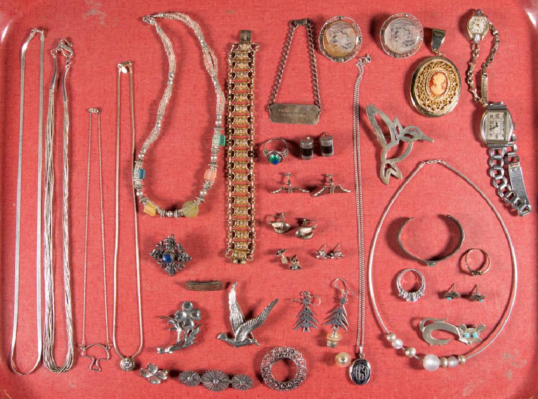 ASSORTED STERLING SILVER AND OTHER COSTUME JEWELRY, LOT: ASSORTED STERLING SILVER AND OTHER COSTUME JEWELRY, LOT OF 43 PIECES, most marked for sterling silver, two marked for 900 silver, some Mexican, and a Gruen 15-jewel wrist watch. Primarily 20th century