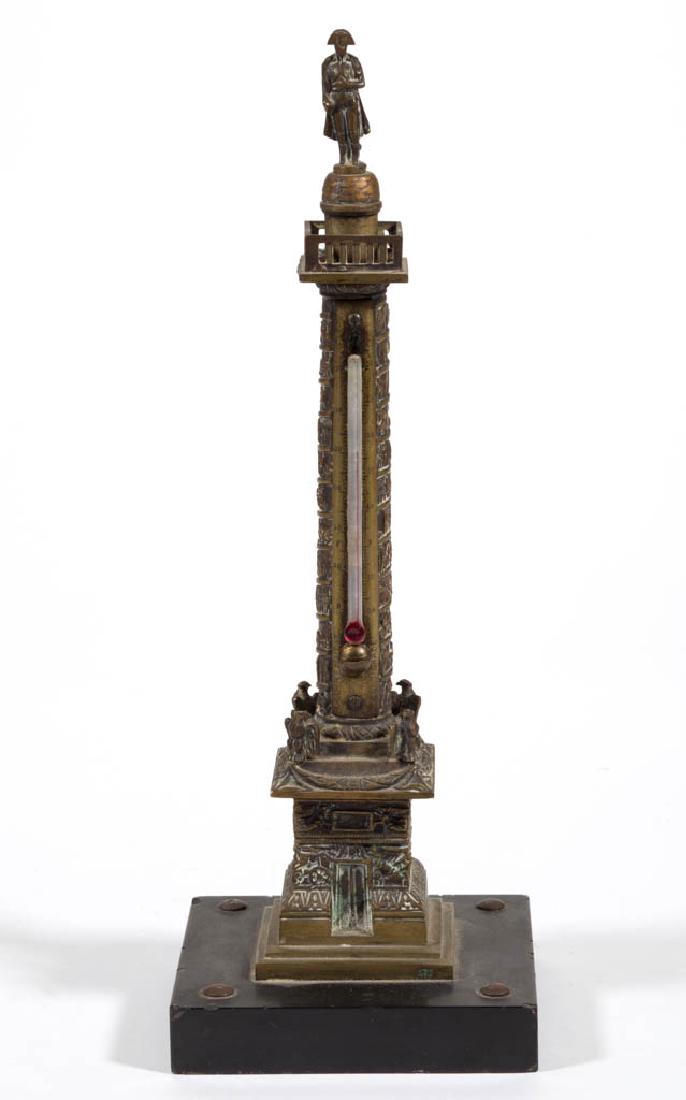 CONTINENTAL GRAND TOUR NAPOLEON BRONZE THERMOMETER: CONTINENTAL GRAND TOUR NAPOLEON BRONZE THERMOMETER, obelisk form with warm patina, set on a square black stone base, thermometer (intact) to reverse. Fourth quarter 19th century. 10 1/2" HOA. Very goo