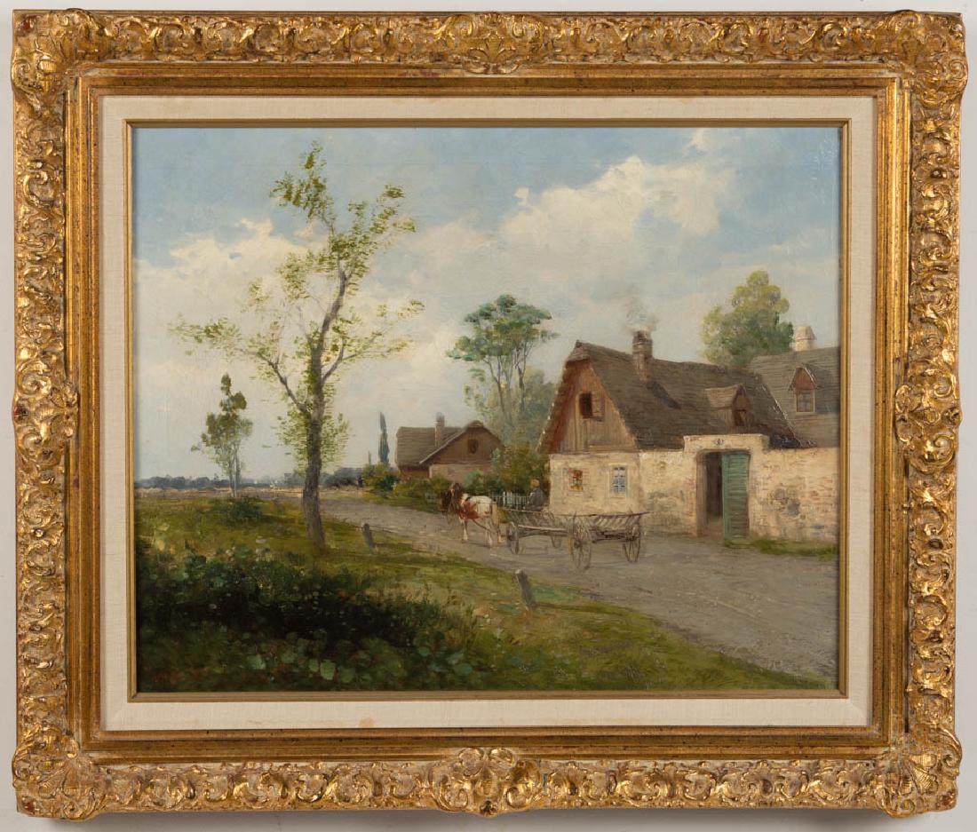 THEODORE PAIER (GERMAN, 19TH CENTURY) LANDSCAPE: THEODORE PAIER (GERMAN, 19TH CENTURY) LANDSCAPE PAINTING, oil on canvas, farmer in horse-drawn wagon on a country lane flanked by stone cottages and open fields, signed lower left, on likely original 