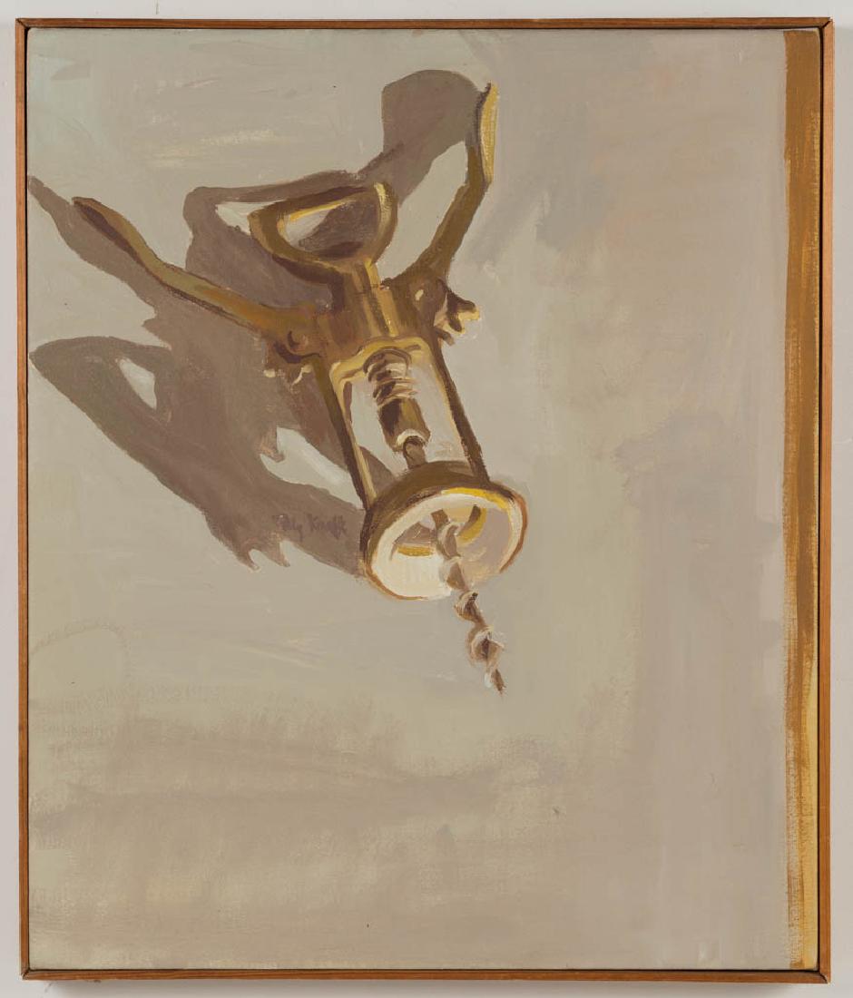 POLLY CRAFT (AMERICAN 1927-2017) STILL-LIFE PAINTING: POLLY CRAFT (AMERICAN 1927-2017) STILL-LIFE PAINTING, oil on canvas, stark depiction of a corkscrew, signed. Housed in simple thin wooden frame attached to tacking edge. 20th century. 24 1/4" x 20 1/2