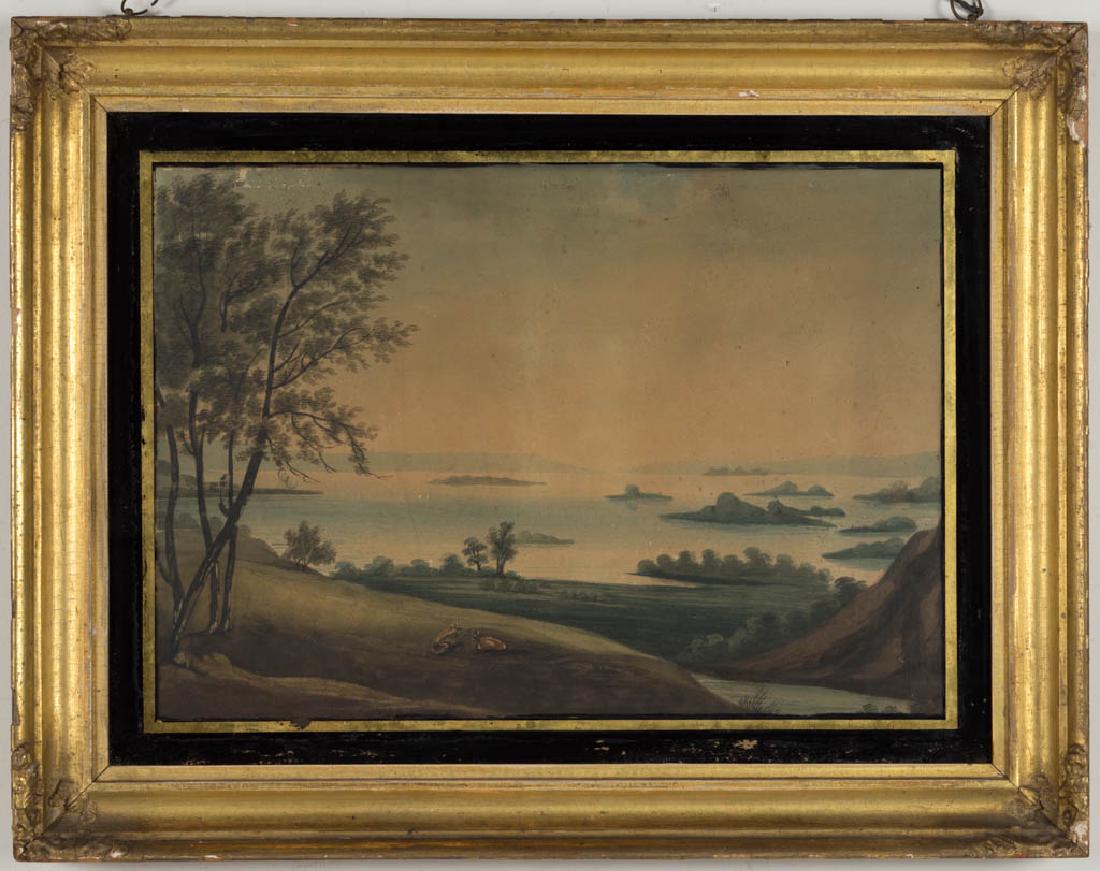 BRITISH SCHOOL (19TH CENTURY) LANDSCAPE PAINTING: BRITISH SCHOOL (19TH CENTURY) LANDSCAPE PAINTING, watercolor on paper laid on board, a bucolic scene with cattle on a hill overlooking a lake, no signature located. Housed under glass with eglomise ma